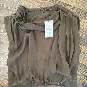 Zara Brown Olive Sheer Tie-Neck Blouse